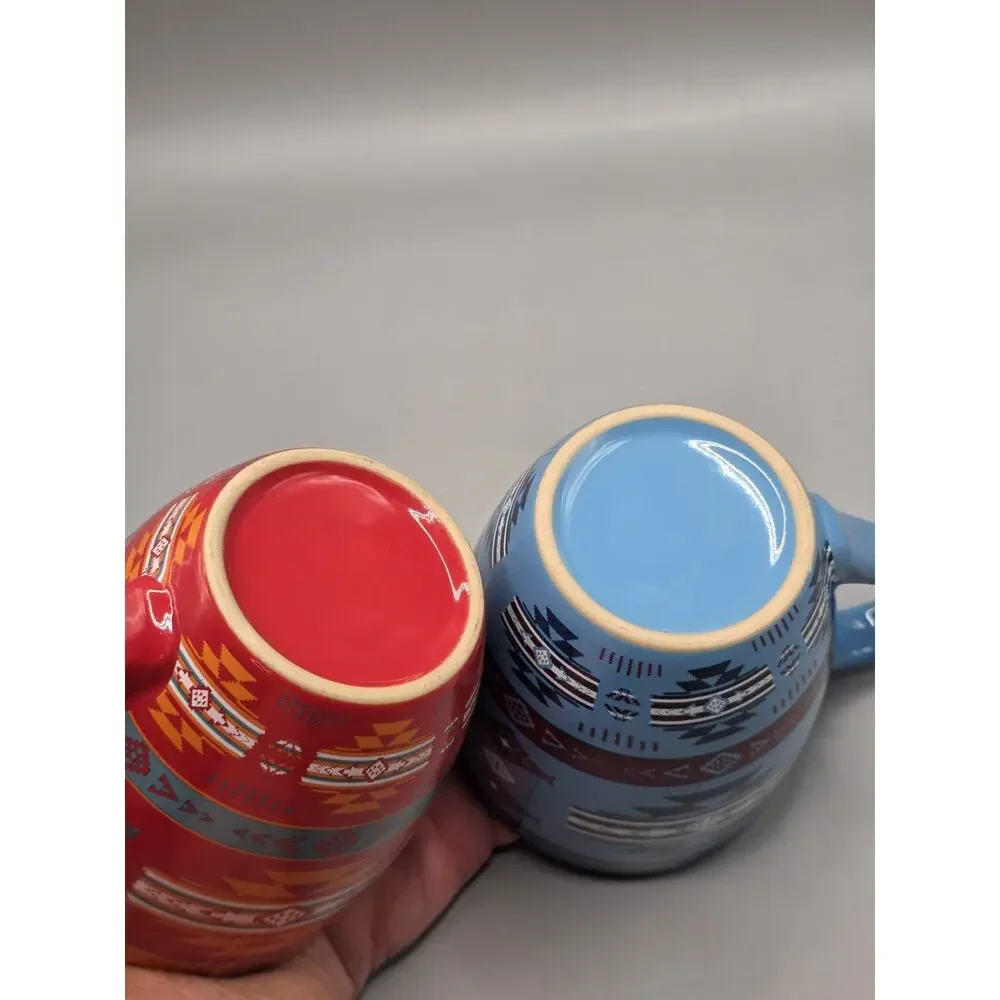 Lot of 2 NU TRENDZ Southwest Tribal Aztec Ceramic Coffee Mugs Blue Red 16oz